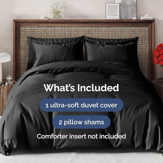 Duvet Cover Super Queen Size Set - Extra Soft Duvet Cover 98 x 90 with 2 Pillow Sham - Hotel Luxury, Easy Care and Fade Free with Zipper Closures & Ties - Comfy, Cozy Breathable Bedding Set (Black)