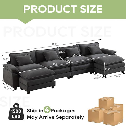 154" Modular Sectional Sofa, Comfy Cloud Couch Sectional Sofa with Ottoman, Velvet Sofa Sleeper Deep Seat Sofa with Throw Pillows for Living Room (Blue Gray, 154"- U Shape)