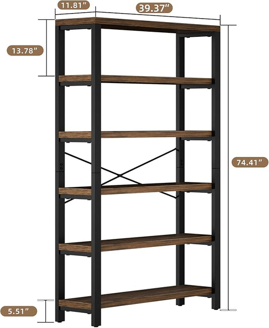 6-Tier 39.37" Wide Heavy Duty Bookshelf, Industrial Wood and Metal Bookshelf, Vintage Bookcase with Lock Wall Design, Living Room Shelf, Rustic Brown