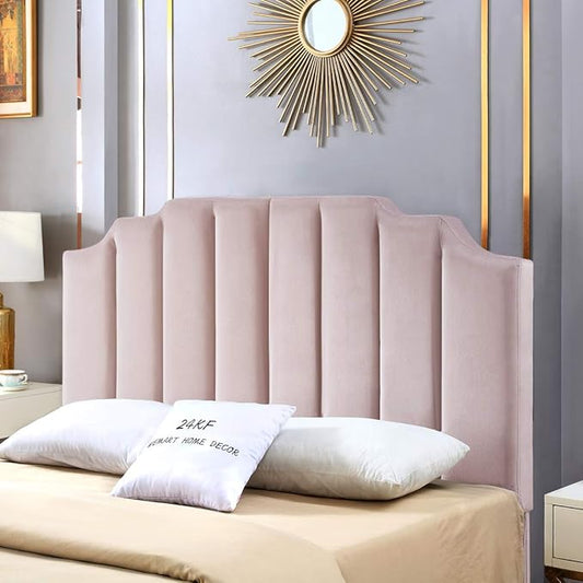 24KF Pink Velvet Tufted Queen Upholstered Headboard, Modern Vertical Channel Design California Queen/Full Headboard with Stepped Silhouette Top Edge, 6026-Q-New Pink