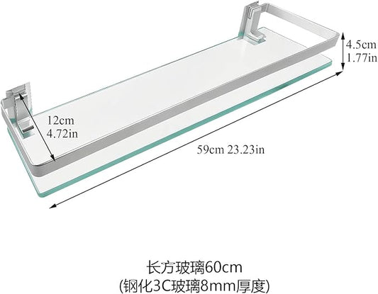 Bathroom Shelf Glass Shelves 23-Inch Floating Tempered Glass Shelf Rectangular Aluminum Wall Mounted Silver Polished Shelves for Kitchen Organizers