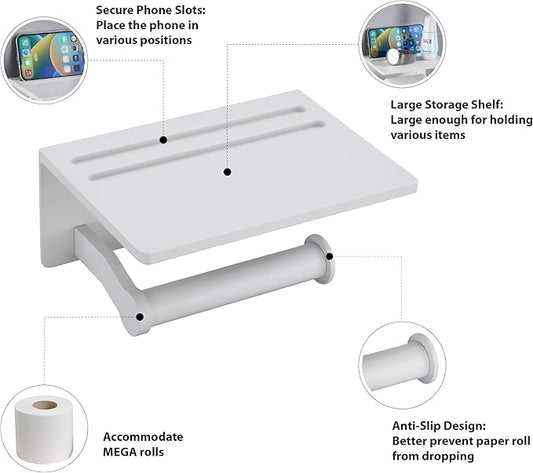 Toilet Paper Holder with Phone Shelf - Tissue Roll Holder Bathroom Storage Dispenser - Adhesive Toilet Paper Holder Wall Mount Bathroom Décor - Matte White