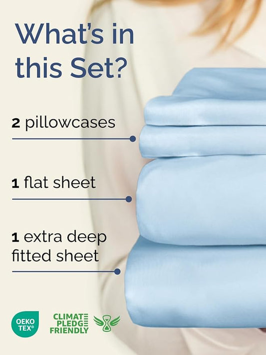 Extra Deep Pocket Cal King Sheets - 4 Piece Breathable & Cooling Bed Sheets - Hotel Luxury Sheet Set - Soft, Wrinkle Free & Comfy - Easily Fits Extra Deep Mattresses - Deep Pocket Light Blue Sheets