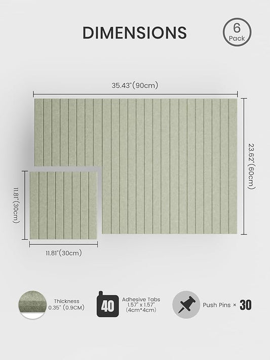 Bumusty Large Cork Board Alternative-36 x24 Felt Bulletin Board Tiles, with 30 Pushpins, 40 Adhesive Tabs, 6-Pack Slat Wall Paneling, Cork Boards for Office Push Pin Board Felt Board-Sage