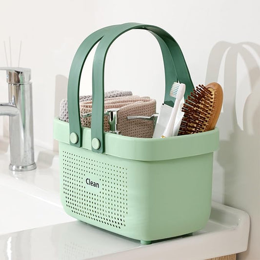 JiatuA Plastic Storage Basket with Handle Portable Shower Caddy Tote Organizer Basket Bin for Bathroom Kitchen Dorm Room Bedroom, Small Green