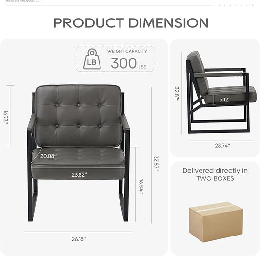 COLAMY Accent Chairs Set of 2, Modern Accent Arm Chairs for Living Room, Comfy Leather Armchairs with Metal Legs for Bedroom Reception Room, Grey