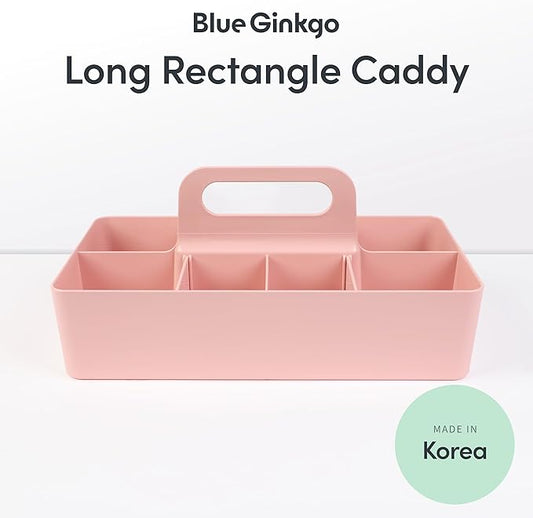 BLUE GINKGO Stackable Organizer Caddy – Korean-Made Portable Tote for Bathroom, Office, Crafts, or School Supplies (Long Rectangle, Pink)