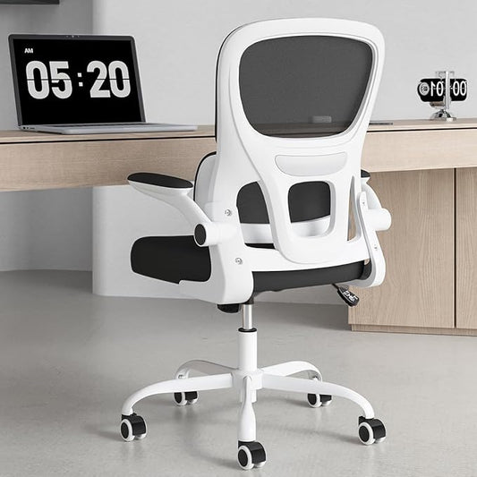 Soohow Office Chair, Mesh Ergonomic Office Chair with Lumbar Support, Comfy Swivel Computer Desk Chair with Flip Armrest Rolling Wheels for Home Study Room Office, White & Black
