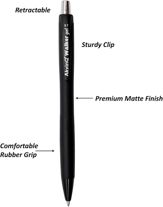 AKVINQ® Walker Gel Pens 12-Pack | 0.7mm Medium Point | Retractable Gel Ink Pen | Premium Matte Finish | Black Ink | Smudge-Resistant | Comfortable Rubber Grip | Office & School Writing (Black)