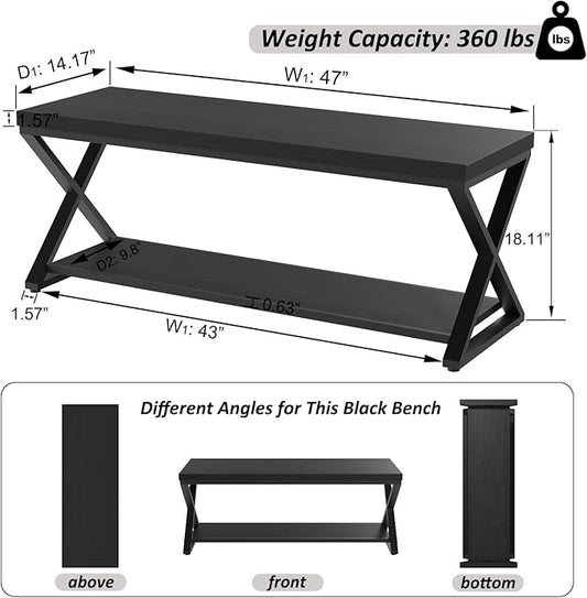 IBF Black Bench, Modern Entryway Bench for Bedroom, Wood Metal Storage Hallway Bench for Dining Living Room, Farmhouse Shoe Rack Indoor Accent Seating Bench for Foyer Entrance, Black Oak, 47 Inch Long