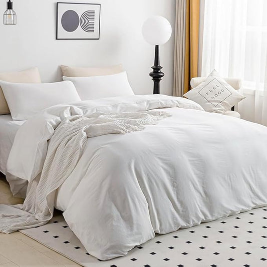 JELLYMONI Cotton Duvet Cover King Size - 100% Washed Cotton Linen Feel Textured Comforter Cover, 3 Pieces Lightweight Soft Bedding Set with Zipper Closure (Bright White, King 104"x90")