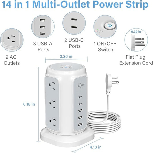 AiJoy Flat Plug Power Strip Tower 9 Outlets and 5 USB Ports (2 USB-C), 1200J Surge Protection, 6.5ft 1625W Extension Cord Charging Station for Home Office Supplies, Dorm Room Essentials