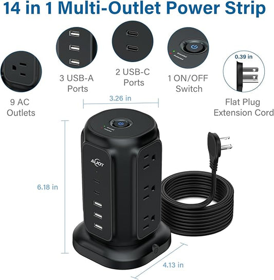 AiJoy Power Strip Tower with 9 AC Outlets and 5 USB Ports (2 USB-C), Flat Plug 1625W 6.5ft Extension Cord, 1200J Surge Protector Charging Station for Home, Office & Dorm
