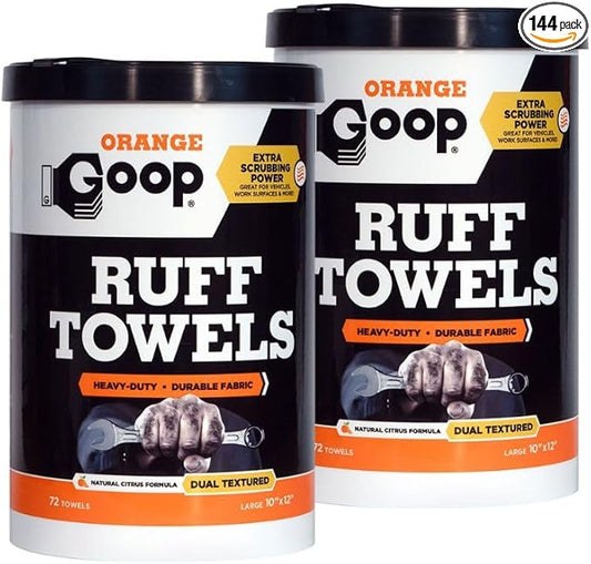 GOOP Orange Heavy Duty Ruff Towels with Scrubbing Power, 10” x 12” Dual Textured Multi-Purpose Cleaning Wipes, Removes Dirt, Grease, Oil, 72 Count (Pack of 2)