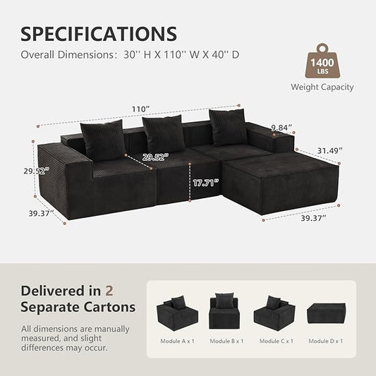 110” Sectional Boneless Couch, 3 Seat Grey Corduroy Convertible Sofa Bed with Pillows, Home Sofa Living Room Bedroom, Memory Foam Modular Couch Daybed Lazy Floor Bed