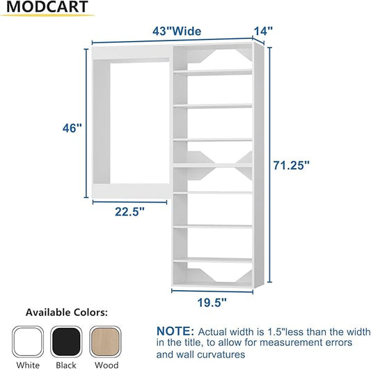 Modular Closet System, 43" Wide Organizer With Towers and Hanging, Wood Tower Storage for Walk In Closets, Wall Mounted Wardrobe Kit, Bedroom, White