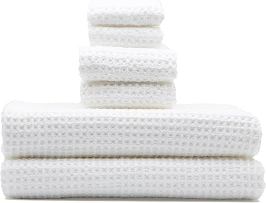Italic Sedona Luxe Waffle Towel Set, 410 GSM 6-Piece 100% Cotton Set with 2 Bath Sheets, 2 Hand Towels & 2 Washcloths, Spa-Quality, White