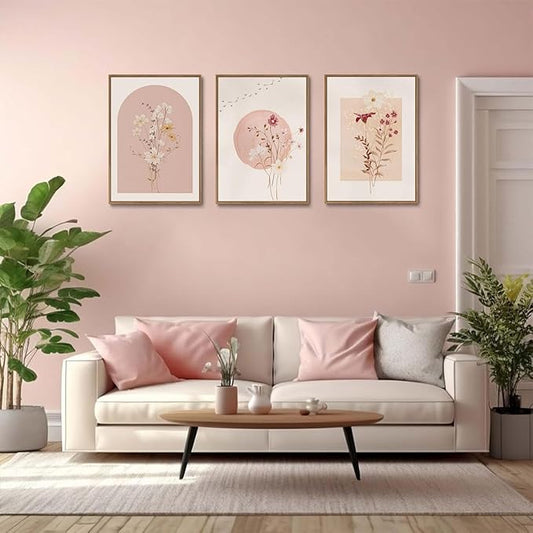 KISSFOX 3 Piece Framed Wall Art Botanical Wall Decor Pink Flower Pictures Wildflowers Canvas Art Watercolor Floral Paintings Minimalist Boho Artwork for Living Room Bedroom Office