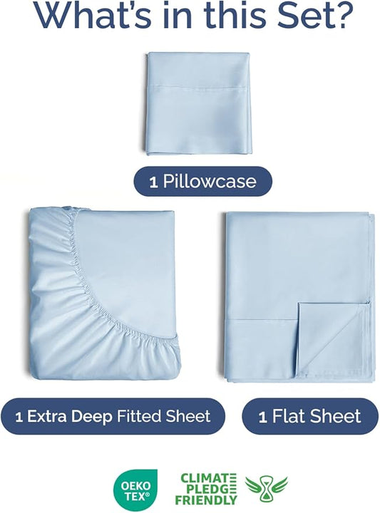 Extra Deep Pocket Twin XL Sheets - 3 Piece Breathable & Cooling Bed Sheets - Hotel Luxury Bed Sheet Set - Soft, Wrinkle Free & Comfy - Easily Fits Extra Deep Mattresses - Deep Pocket Sky Blue Sheets