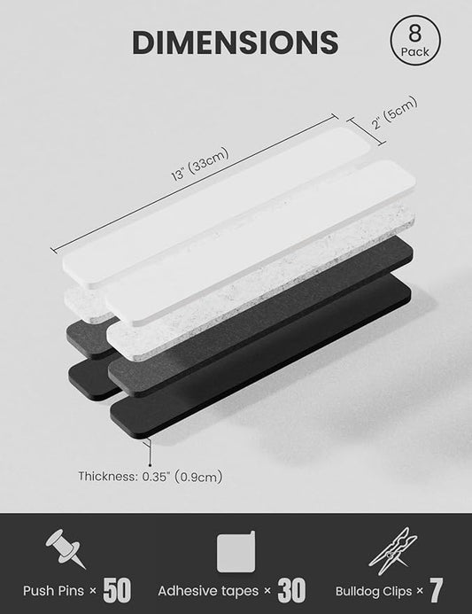 Cork Board Alternative Felt Strip Board 8-Pack 13"x2", Office Pin Board with 50 Push Pins, Adhesive Install for Bedroom Door & Home Office(Concrete Echo)