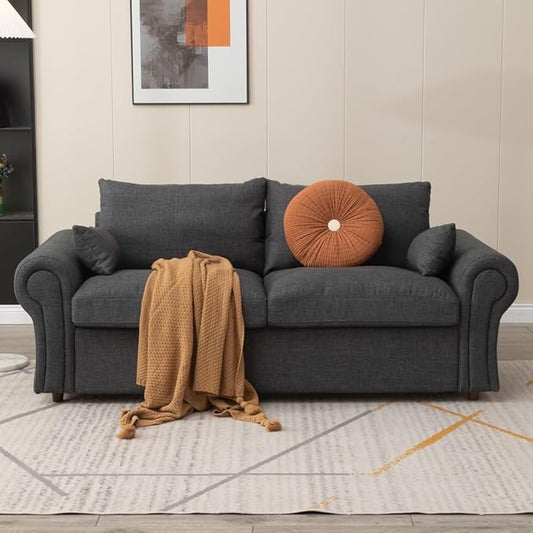 Panana Modern 2 and 3 Seats Loveseat Sofa Couch with Storage, Small Love Seat Couches for Living Room, Bedroom, Apartment, Office (Dark Gray Linen Fabric, Ruched Arm - 3 Seater)