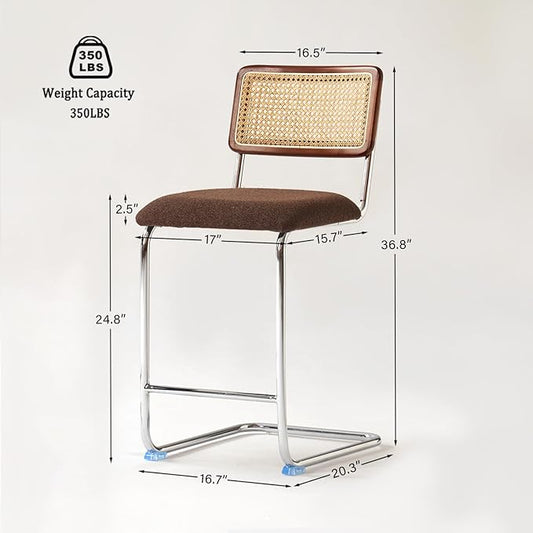 Natural Rattan Counter Height Stools Set of 2 with Solid Wood Back, 24 Inch Mid Century Modern Cesca Bar Stools, Brown Upholstery Boho Stool for Kitchen Counter with Chrome Metal Legs