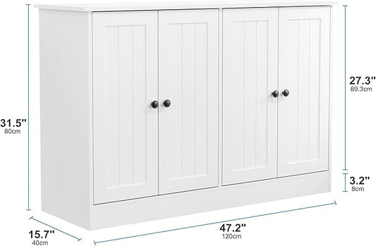 Sideboard Buffet Cabinet with 4 Doors, 47" W Kitchen Storage Cabinet with Storage, Modern Farmhouse Coffee Bar Station Wood Kitchen Table for Living Room Dining Room, White