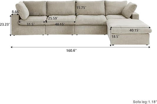 Cloud Couch Modular Sectional Sofa,160.6" Down Filled Couch with Storage Ottoman,4 Seater +1 Ottoman, Convertible Sectional Sofa for Living Room,Covers Removable & Washable, Khaki