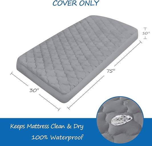 Cot Mattress Pad Protector Waterproof, Quilted Cot Size Mattress Cover 30" X 75" X 10" Fitted for Narrow Twin/Camp Bunk/Rvs Bunk/Guest Beds, Deep Pocket Mattress Topper, Gray (Cover Only)