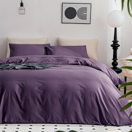 JELLYMONI Purple Duvet Cover King Size - 100% Washed Cotton Linen Like Textured Comforter Cover, 3 Pieces Lightweight Soft Bedding Set with Zipper Closure (Purple, King 104"x90")