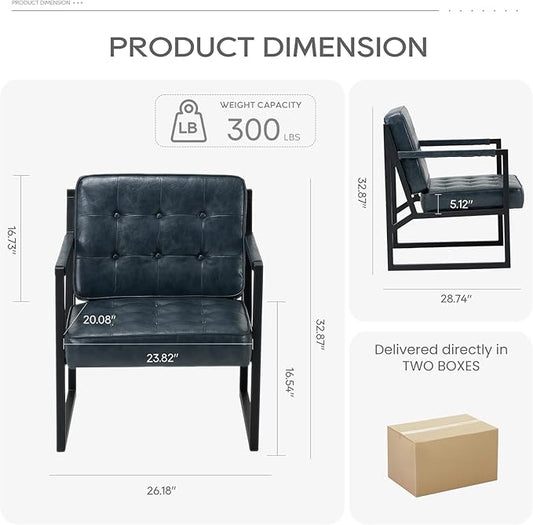 COLAMY Accent Chairs Set of 2, Modern Accent Arm Chairs for Living Room, Comfy Leather Armchairs with Metal Legs for Bedroom Reception Room, Blue