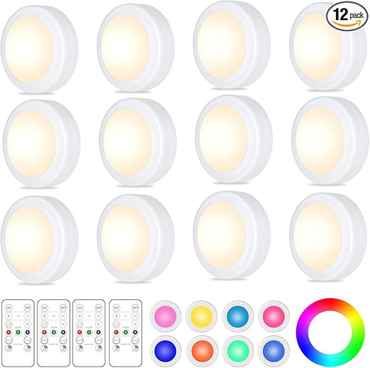 Yiliaw 12 Pack LED Puck Lights Remote Control 16 Color Changeable Under Cabinet Lights, Battery Operated Lights Night Light with Dimmer & Timmer for Closet Bedroom Kitchen, White