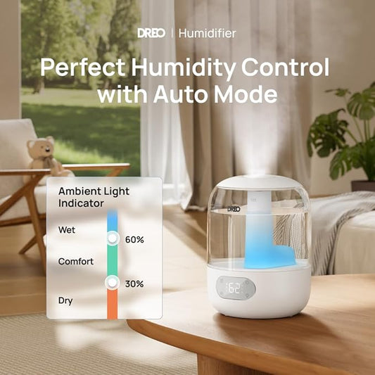 Dreo Humidifiers for Bedroom, 3L Top Fill 30H & 26dB Quiet Runtime for Large Room, Cool Mist Ultrasonic Humidifier with Humidity Sensor, Night Light for Home, Baby, Nursery, Plants, New Edition