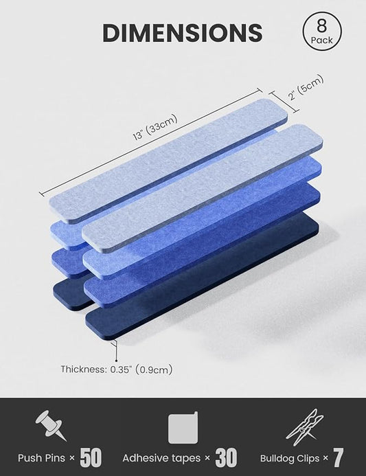 Cork Board Alternative Felt Strip Board 8-Pack 13"x2", Office Pin Board with 50 Push Pins, Adhesive Install for Bedroom Door & Home Office(Denim Mist)