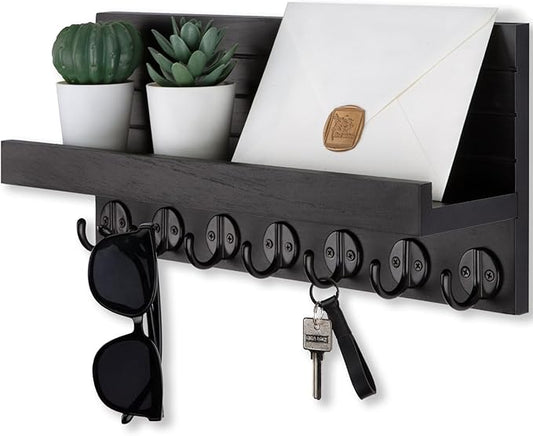 Key Holder Wall Mount, Entryway Key and Mail Holder with 7 Sturdy Hooks for Sunglasses, Dog Leash, Decorative Wall Shelf with Mounting Hardware, 15”W x 6.7”H x 4.2”D