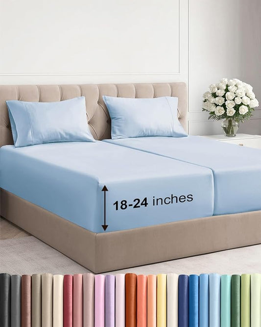 Extra Deep Pocket Split King Sheets - 5 Piece Breathable & Cooling Bed Sheets - Hotel Luxury Sheet Set - Soft, Wrinkle Free & Comfy - Easily Fits Extra Deep Mattresses - Deep Pocket Sky Blue Sheets