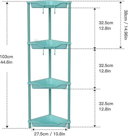 Orimade Rustproof 4 Tier Floor Standing Corner Shower Caddy Organizer, Plastic Metal Splicing Floor Corner Shelf Rack Stands for Bathroom, Blue