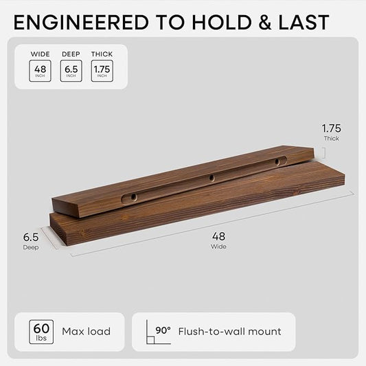 Homeforia Classic Walnut 48 inch Floating Shelf, High End Solid Real Wood Small 48inch Floating Shelves for Wall Mounted, 48in Floating Shelves, Heavy Duty Bracket, 48 X 6.5 X 1.75 inches, Set of 2