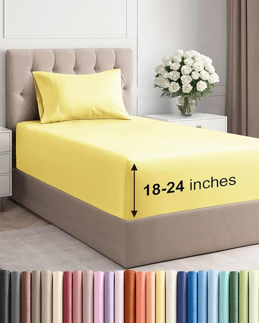 Extra Deep Pocket Twin XL Sheets - 3 Piece Breathable & Cooling Bed Sheets - Hotel Luxury Bed Sheet Set - Soft, Wrinkle Free & Comfy - Easily Fits Extra Deep Mattresses - Deep Pocket Yellow Sheets Set