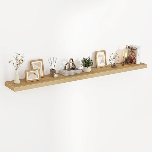 72 Inch Floating Shelves, 3D Textured Wood Grain, 72"x9.25"x1.5" Inch Deep Floating Shelves for Wall, Wooden Shelves for Bathroom, Bedroom, Living Room, Natural, 1 Piece