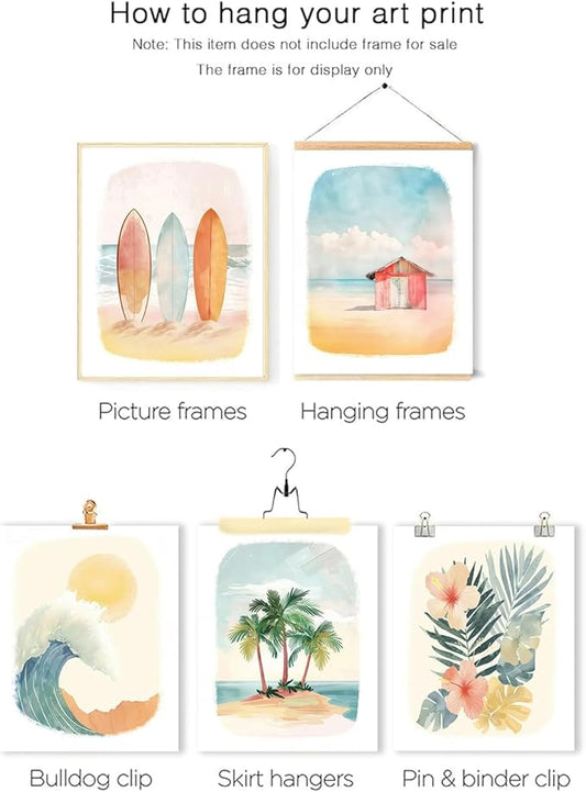 Beach Nursery Poster, Set of 6 Ocean Kids Wall Art Watercolor Summer Surf Wall Decor Beachy Boys Room Decor Funny Teen Coastal Surfboard Canvas Prints Aesthetic Unframed 12x16 inch