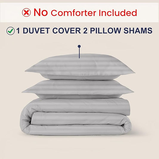 Kotton Culture 3 Pc California King Size Duvet Cover Set -100% Egyptian Cotton Sateen 600 Thread Count Ultra Soft Premium Durable Comforter Cover Zipper Closure & Corner Ties (Striped Silver,104"x98")