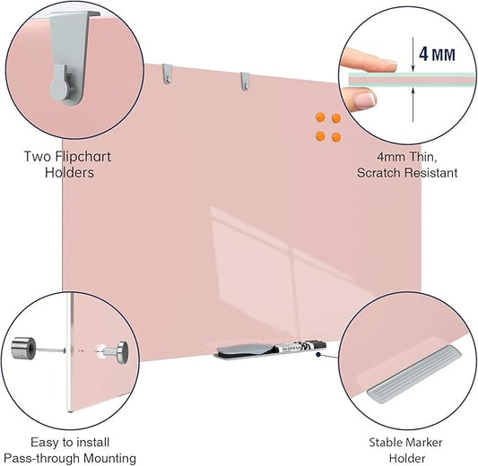TSJ OFFICE Glass Dry-Erase Board - 36 x 24 Inches Wall Mounted Magnetic Whiteboard, Large Frameless Glass White Board for Office, Home & School, Pink
