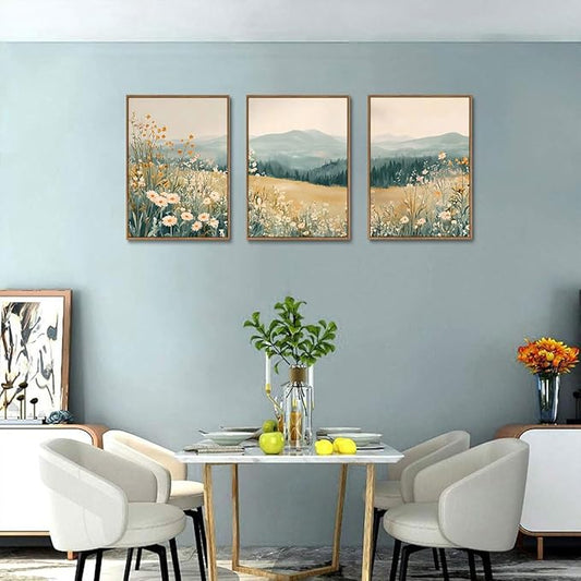 KISSFOX 3 Piece Framed Wall Art Floral Wall Decor Landscape Pictures Mountain Canvas Art Daisy Wildflower Paintings Modern Farmhouse Artwork For Bedroom Bathroom Living Room