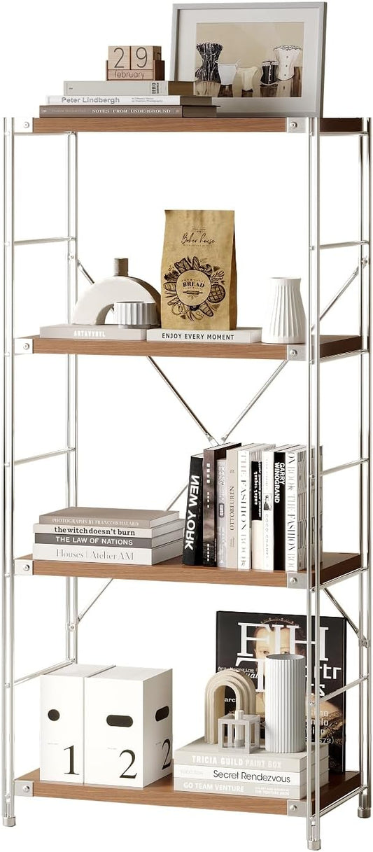 4-Tier Industrial Bookshelf, Storage Bookcase for Living Room, Bedroom, Home Office, and Kitchen, Dark Walnut, 13"x24"x52" Inches
