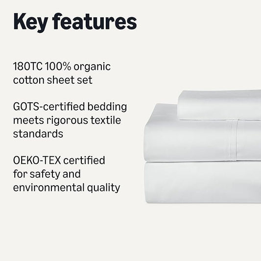 Amazon Basics Organic Cotton Sheet Set with 1-Piece Pillowcase, White, Twin XL