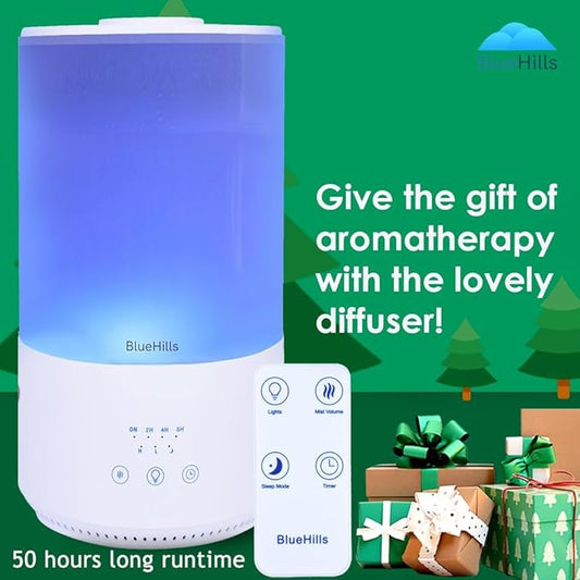 BlueHills Premium 4000 ml Tall Essential Oil Diffuser 4L 4 Liter 50 Hour Run with Remote Timer Aroma Humidifier 1 Gallon Big Capacity High Mist Output for Large Room Huge Size Mood Lights White T401
