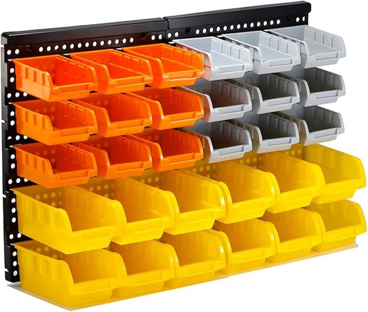 30-Bin Wall Mounted Storage Bins Kit, Tool Organizer Rack, 3 Color Parts Storage Bins, Garage Hardware Organizer, DIY Combination