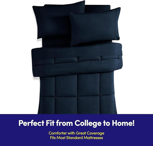 Dorm Room Essentials College Bedding Comforter Set 5 Piece Twin Size Bed in a Bag for College Students Boys and Girls, Twin, Navy Blue