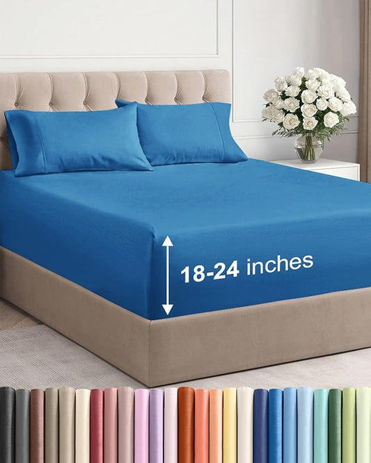 Extra Deep Pocket Cal King Sheets - 4 Piece Breathable & Cooling Bed Sheets - Hotel Luxury Sheet Set - Soft, Wrinkle Free & Comfy - Easily Fits Extra Deep Mattresses - Deep Pocket Denim Blue Sheets